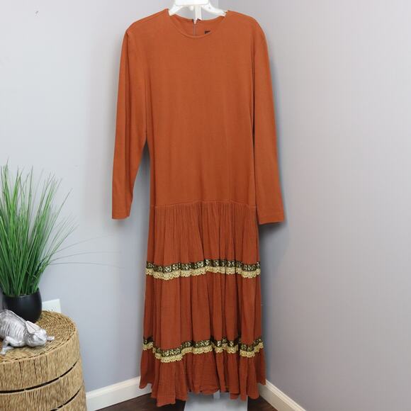 Vintage Barboglio Cristina Jan Boho Maxi Dress Rust Gold Trim Long Sleeve Sz 12 - Picture 2 of 4